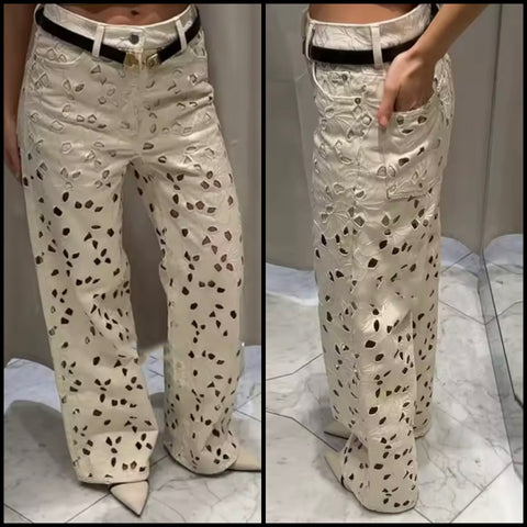 Women Fashion Hollow Out Denim Pants