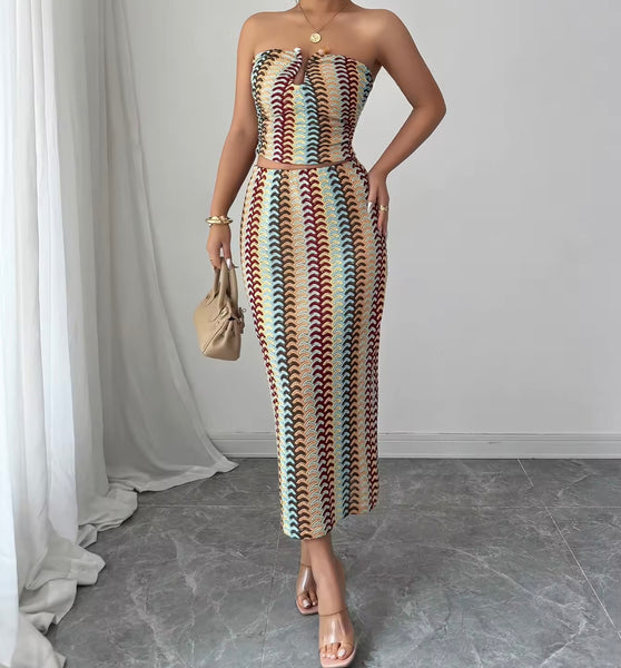 Women Sexy Strapless Colorful Striped Two Piece Maxi Skirt Set