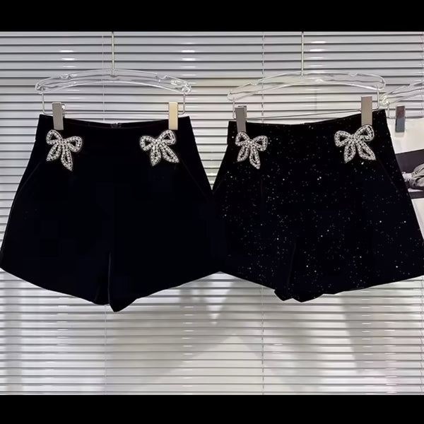 Women Fashion Rhinestone Bow Black Shorts
