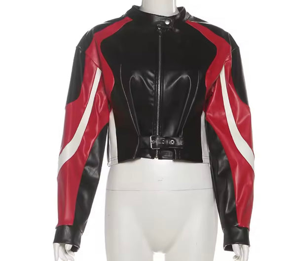 Women Fashion Black Color Block Faux Leather Buckled Zip Up Jacket