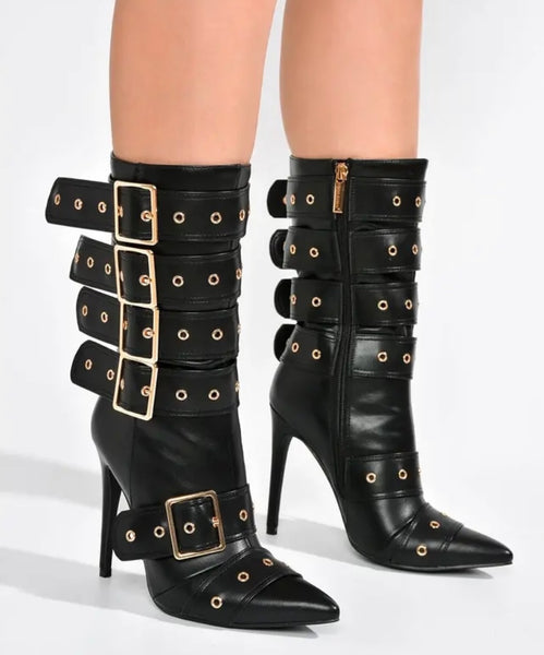 Women Fashion Pointed Toe Buckled Ankle Boots