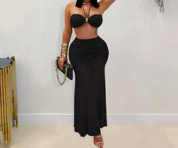 Women Sexy Halter Strapless Ruched Mesh Two Piece Maxi Skirt Set