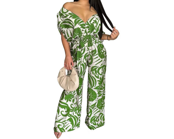 Women Off The Shoulder Short Sleeve Printed Jumpsuit
