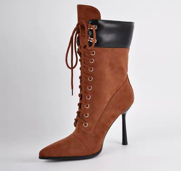 Women Fashion Color Pointed Toe Lace Up High Heel Ankle Boots