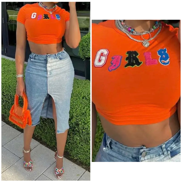 Women Orange Short Sleeve Letter Print Fashion Top