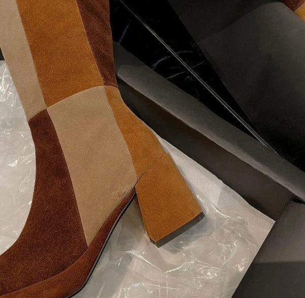 Women Fashion Suede Color Patchwork Knee High Boots