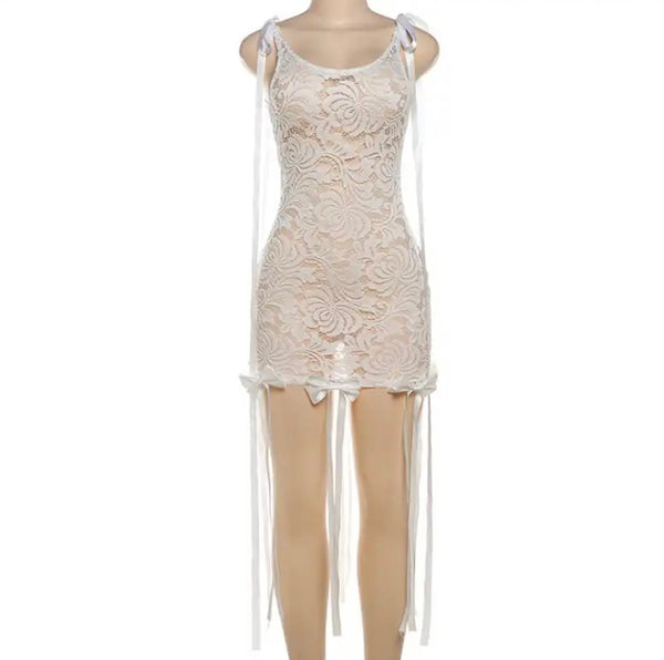 Women Sexy Sleeveless Lace Bow Tassel Dress