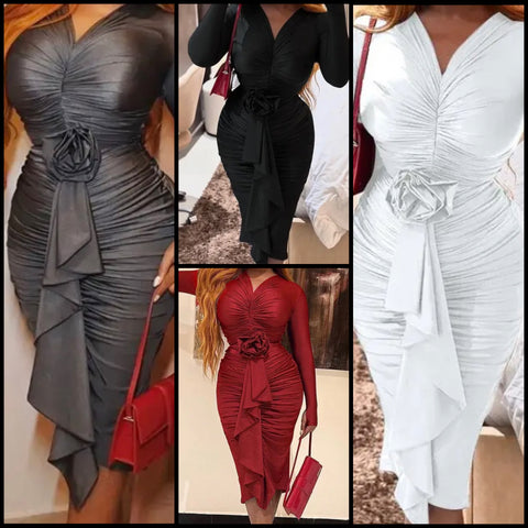 Women Sexy Full Sleeve Ruched Floral Ruffled Dress