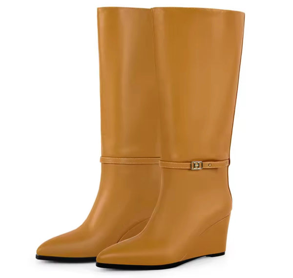 Women Fashion Color Faux Leather Buckle Wedge Knee High Boots