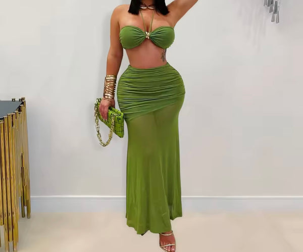 Women Sexy Halter Strapless Ruched Mesh Two Piece Maxi Skirt Set