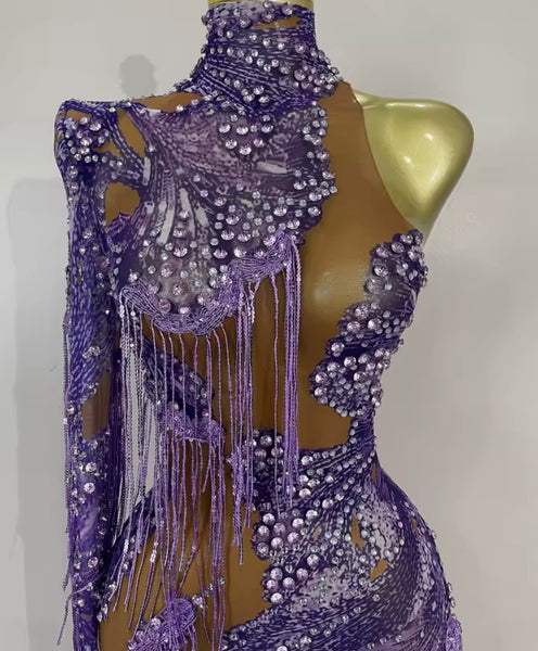 Women Sexy Purple One Shoulder Rhinestone Mesh Tassel Jumpsuit