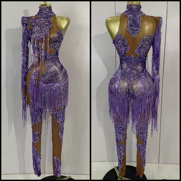 Women Sexy Purple One Shoulder Rhinestone Mesh Tassel Jumpsuit
