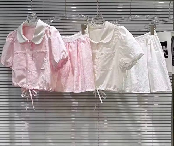 Women Collar Button Up Short Sleeve Sexy Two Piece Skirt Set