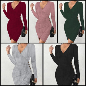 Women Sexy V-Neck Ribbed Button Full Sleeve Dress