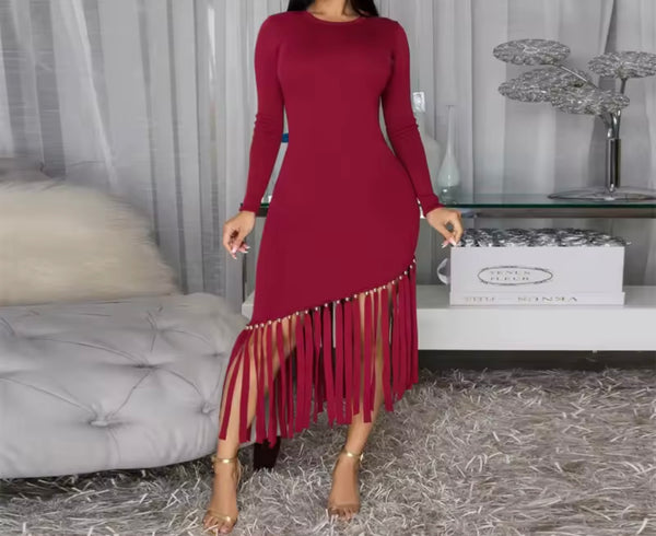 Women Sexy Solid Color Full Sleeve Fringe Tassel Dress