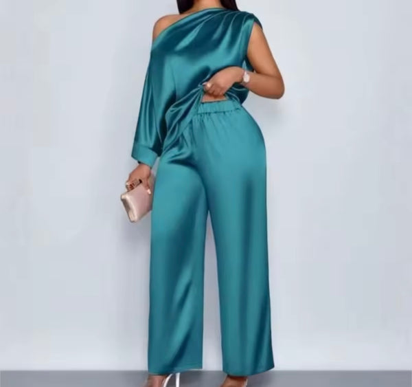 Women Color Slope Neck Short Sleeve Two Piece Satin Pant Set