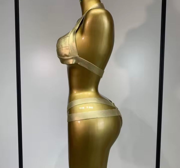 Women Sexy Halter Gold Faux Leather Bikini Swimsuit