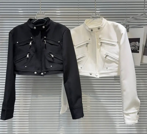 Women Fashion Solid Color Zipper Crop Jacket