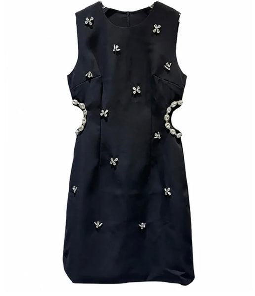 Women Sexy Sleeveless Black Bling Crystal Cut Out Dress