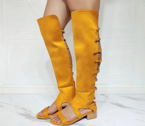 Women Open Toe Buckled Back Fashion Knee High Sandals