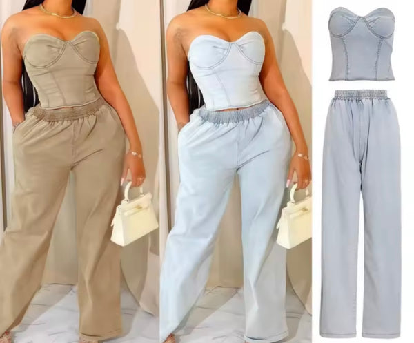 Women Strapless Denim Fashion Two Piece Wide Leg Pant Set