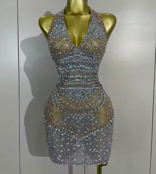 Women Silver Halter Sleeveless Open Back Rhinestone Sexy Dress
