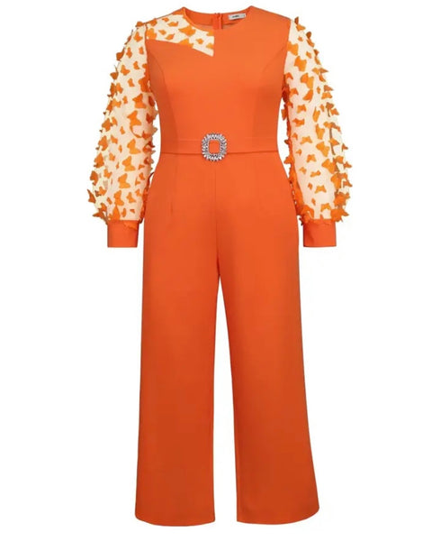 Women Sexy Orange Full Sleeve Belted Wide Leg Jumpsuit