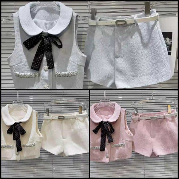 Women Collar Bow Beaded Button Up Sleeveless Two Piece Short Set