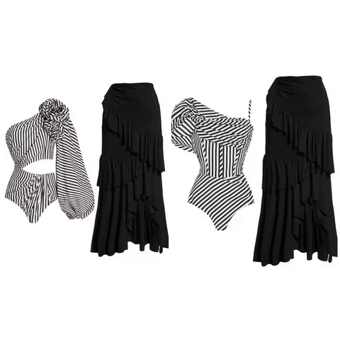 Women Sexy B&W Striped Swimsuit Cover Up Set