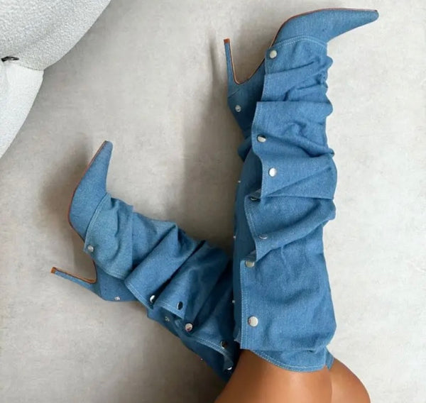 Women Fashion Pointed Toe High Heel Button Denim Boots