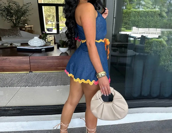 Women Sexy One Shoulder Color Patchwork Fashion Romper