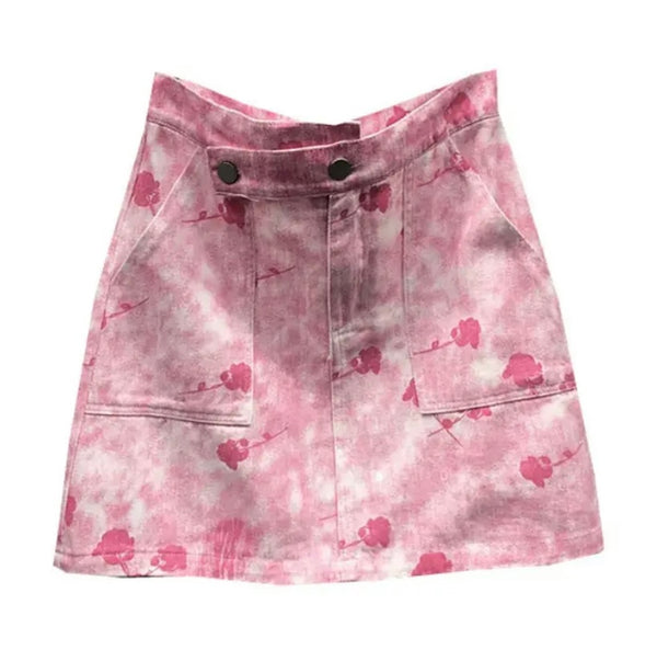Women Sexy Fashion Pink Printed Denim Skirt