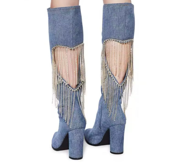 Women Denim Cut Out Heart Rhinestone Tassel Knee High Boots