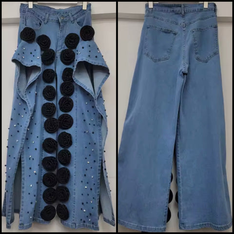 Women Fashion Beaded Bling Floral Split Denim Pants