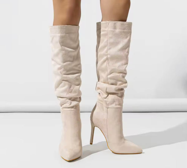 Women Fashion Suede Ruched Knee High Boots