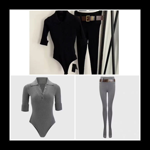 Women Ribbed Short Sleeve Bodysuit Two Piece Feet In Pant Set