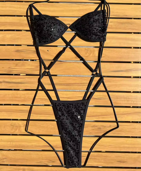 Women Sexy Sequins Open Back Cut Out Thong Swimsuit