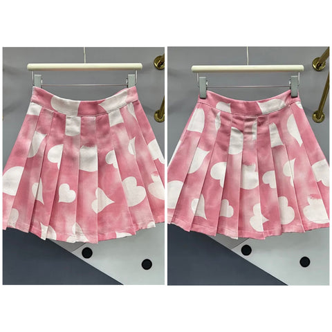 Women Sexy Fashion Pink Heart Print Denim Pleated Skirt