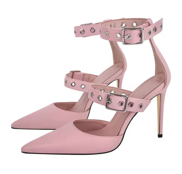 Women Fashion Pointed Toe Buckled Ankle Strap High Heels