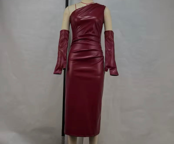 Women Sexy One Shoulder Sleeveless Glove Faux Leather Dress