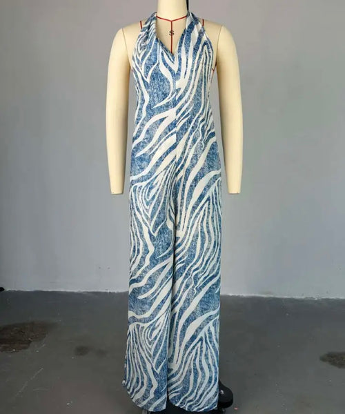 Women Halter Sleeveless Striped Wide Leg Fashion Jumpsuit