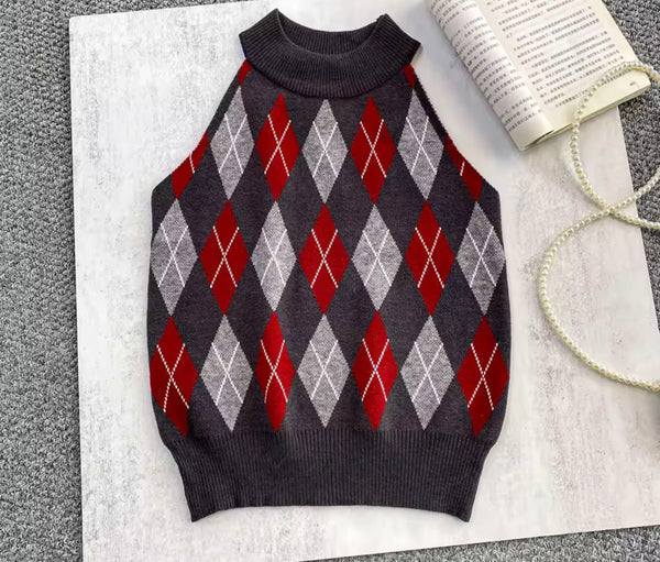 Women Fashion Argyle Print Vest Sweater Top