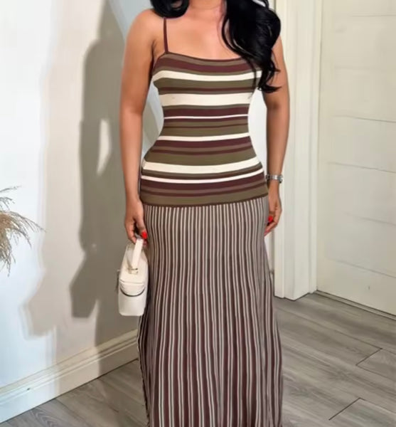 Women Sexy Sleeveless Striped Maxi Dress