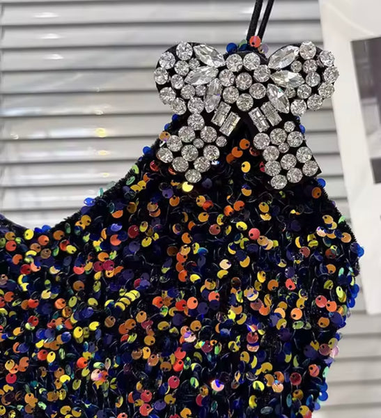 Women Rhinestone Bow Sexy Sleeveless Multicolored Sequins Two Piece Skirt Set