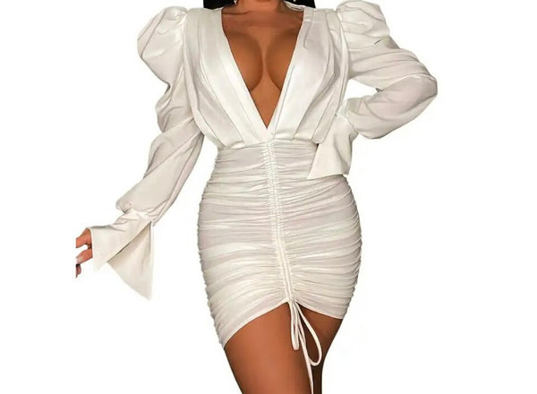 Women Sexy Deep V-Neck Full Sleeve Ruched Drawstring Dress