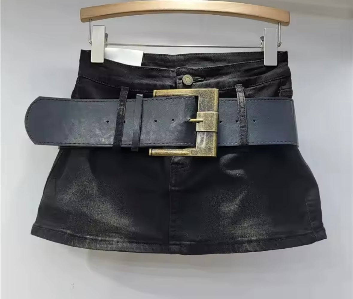 Women Fashion Color Belted Denim Skirt