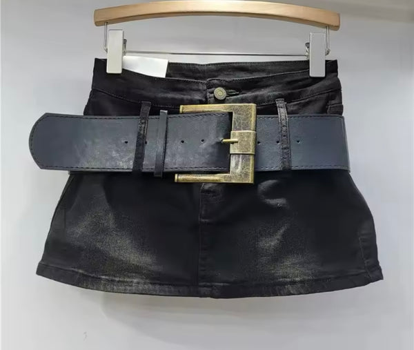 Women Fashion Color Belted Denim Skirt