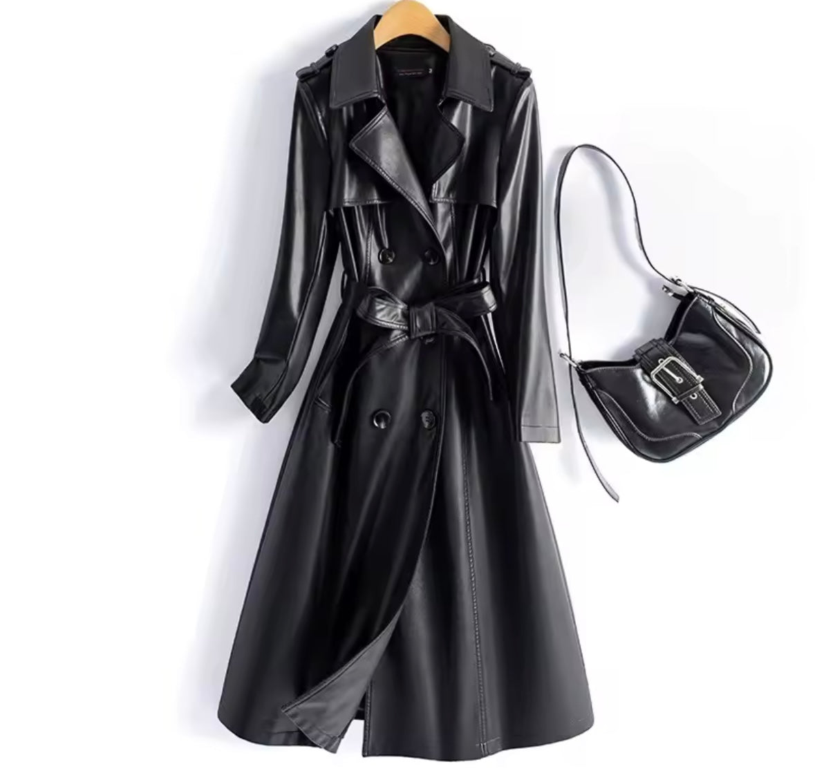 Women Color Fashion Faux Leather Trench Jacket