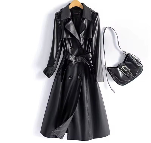 Women Color Fashion Faux Leather Trench Jacket