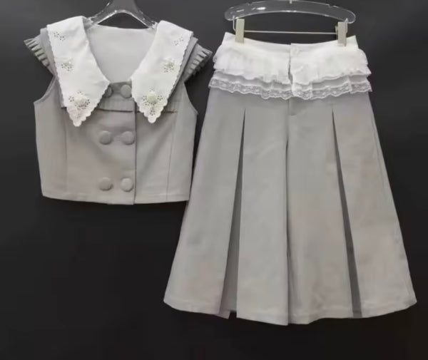 Women Button Up Sleeveless Two Piece Pleated Skirt Set